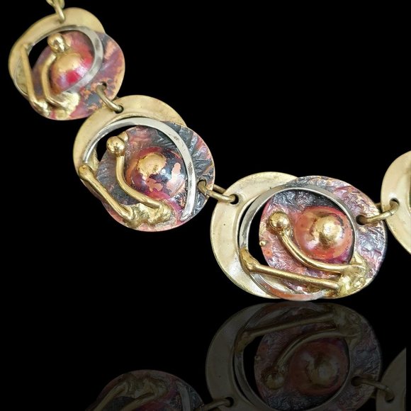 Beautiful Art Deco Modernist Mixed Metal Brass Enamel Necklace - - Picture 7 of 7